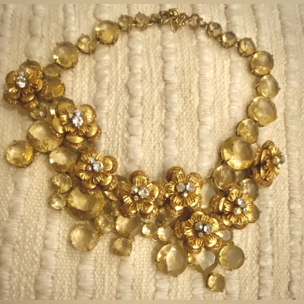 J. Crew Gold Floral Necklace with Both Classic and Iridescent Rhinestones
